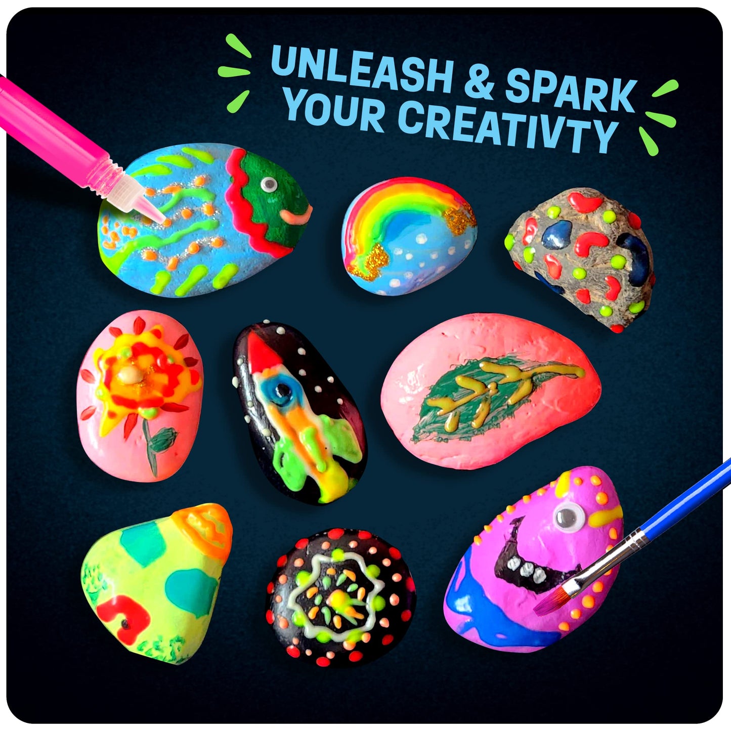Kids Rock Painting Kit - Glow in The Dark - Arts & Crafts Christmas Gifts for Boys and Girls Ages 4-12 - Craft Activities Kits - Creative Art Toys for 4, 5, 6, 7, 8, 9, 10, 11 & 12 Year Old Kids (Glow In The Dark)