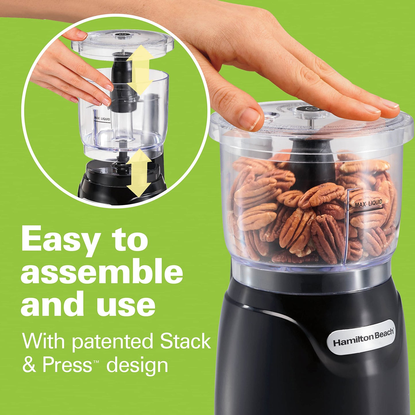 Hamilton Beach Stack & Press Food Chopper & Mini Food Processor, 350 Watts, 3 Cup Bowl, Stainless Steel Blades, for Chopping, Puree & Emulsify, Black, 72850G - Available at All In One Marketplace Canada