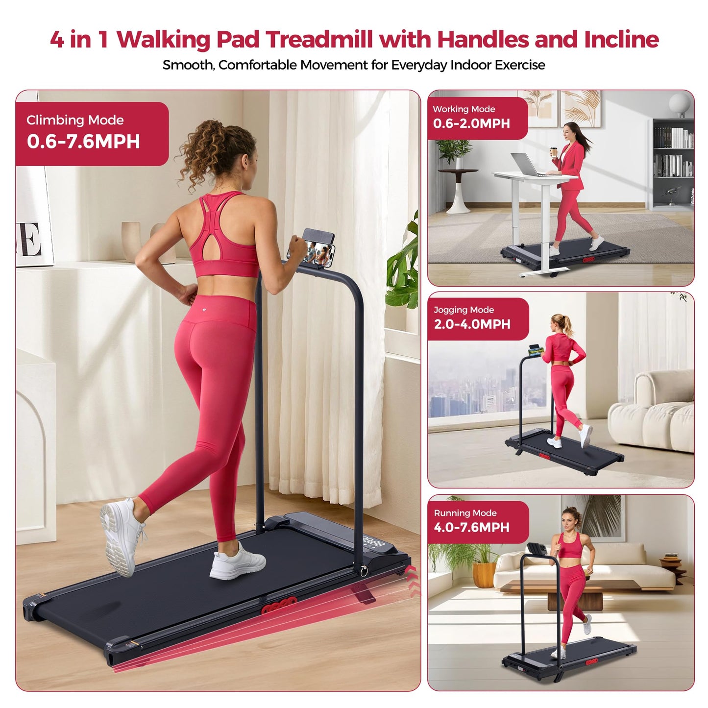 POTUPUS Walking Pad Treadmill with Incline, Portable Treadmills for Home Small Spaces, 3.0HP Electric Walking Treadmills with Handle Bar, Mini Treadmills for Exercising, 0.6-7.6MPH, 160KG, Model 401 - Available at All In One Marketplace Canada