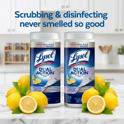Lysol Dual Action Disinfecting Wipes, Scrubbing & Soft Texture, 12 X 35 ct