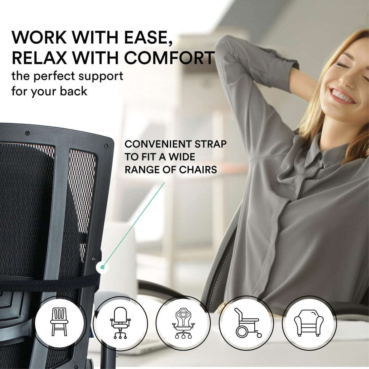 ObusForme Lowback Backrest Support - Lower Back Padded Seat Cushion and Lumbar Support Pillow, Portable Posture Support with Soft and Durable Foam
