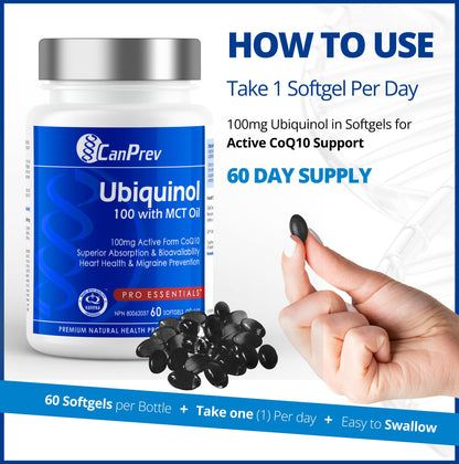 CanPrev Ubiquinol 100mg with MCT Oil, 60 Softgels, 2-Month Supply, CoQ10 Supplement for Heart & Cardiovascular Support, Enhanced Absorption, Non-GMO & Gluten Free, Coenzyme Q10 for Energy & Vitality - Available at All In One Marketplace Canada