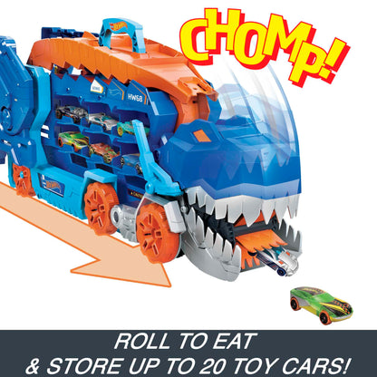 Hot Wheels City Toy Car Track Set, Ultimate T-Rex Transporter, Hauler Transforms into Stomping Dino with Race Track, from Netflix Series “Let’s Race” Hot Wheels