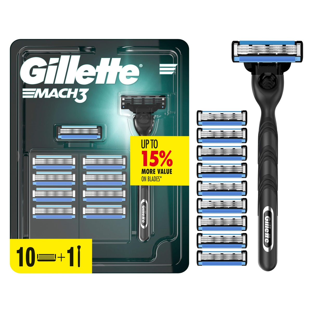 Gillette Mach3 Mens Razor, Includes 1 Handle, 10 Razor Blade Refills