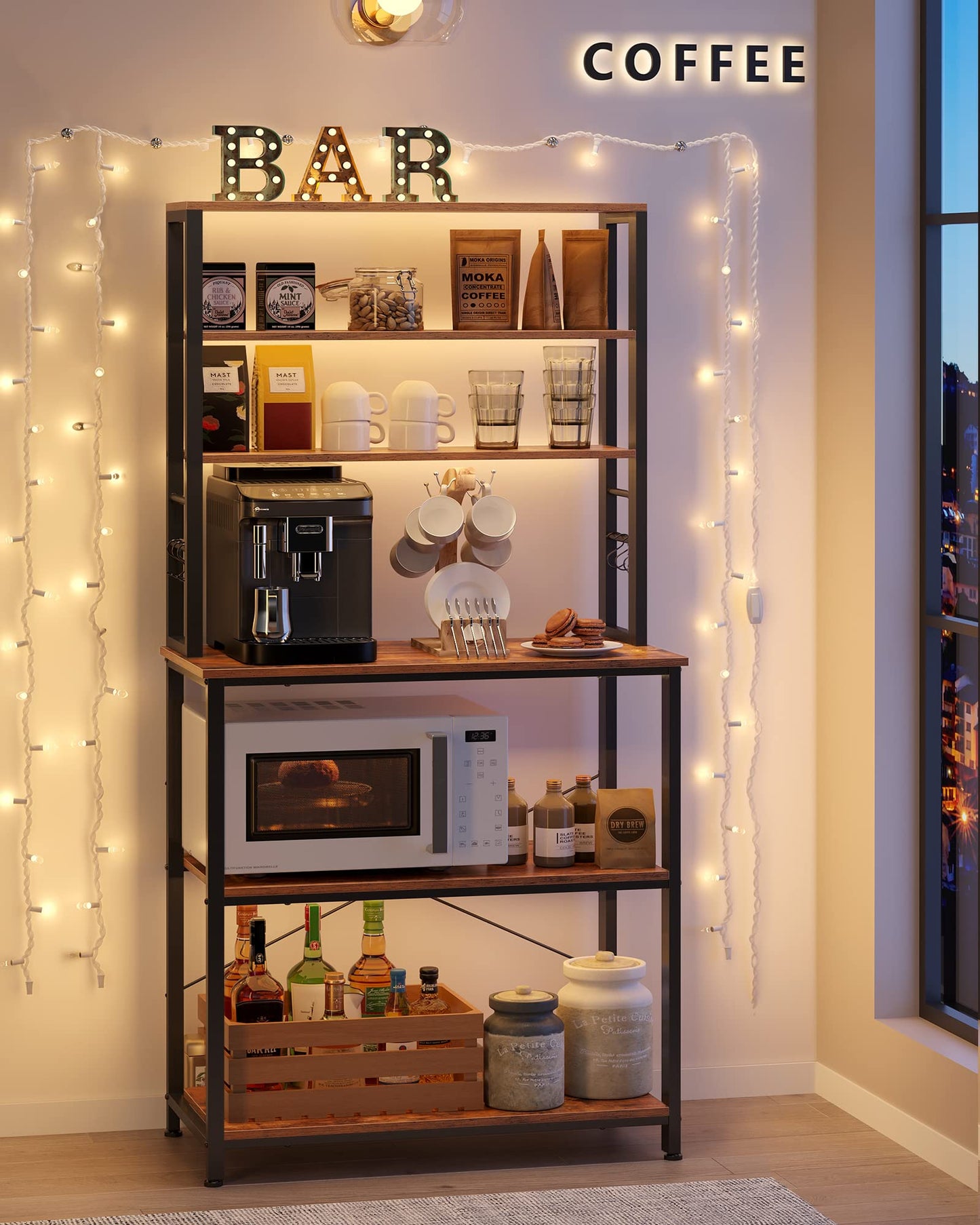 VASAGLE Coffee Bar, Baker’s Rack for Kitchen with Storage, 6-Tier Kitchen Shelves with 6 Hooks, Microwave Stand, Industrial, 15.7 x 31.5 x 65.7 Inches, Rustic Brown and Black UKKS019B01 VASAGLE