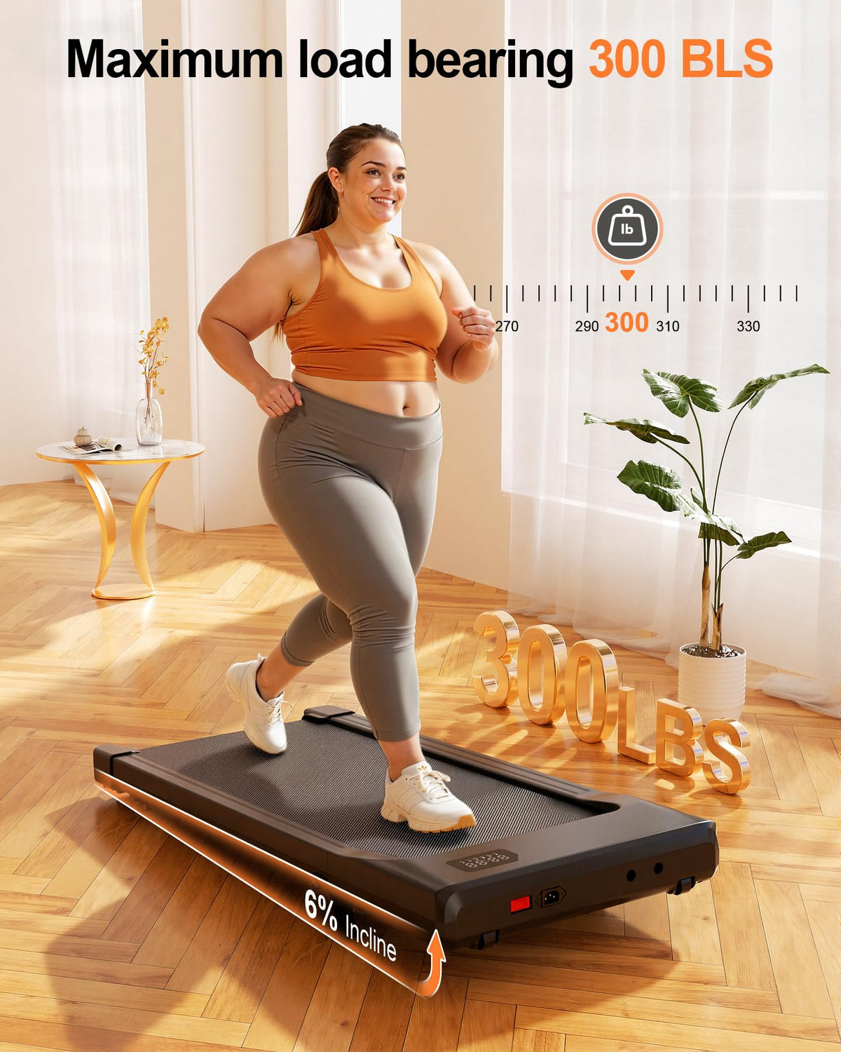 MJWW Walking Pad with 6% Incline, No-Assembly Under Desk Treadmill, 2.5 HP Quiet Motor, APP & Remote Control, LED Display, 300 lbs Capacity for Home/Office
