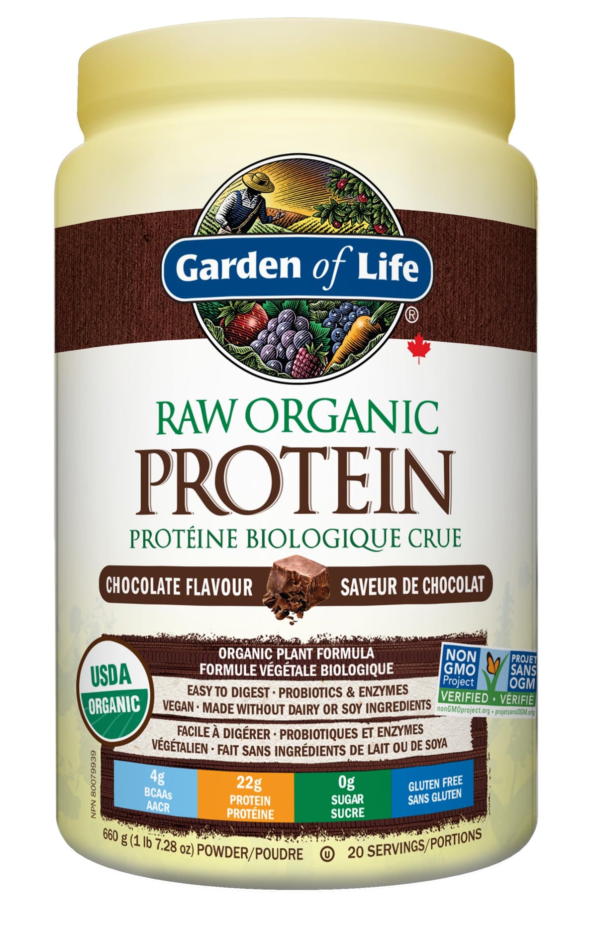 Garden of Life Raw Organic Protein, Chocolate, 664g. Packed with 22 Grams of Certified Organic Plant Protein, including organic peas grown and processed in Canada.