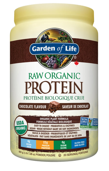 Garden of Life Raw Organic Protein, Chocolate, 664g. Packed with 22 Grams of Certified Organic Plant Protein, including organic peas grown and processed in Canada.