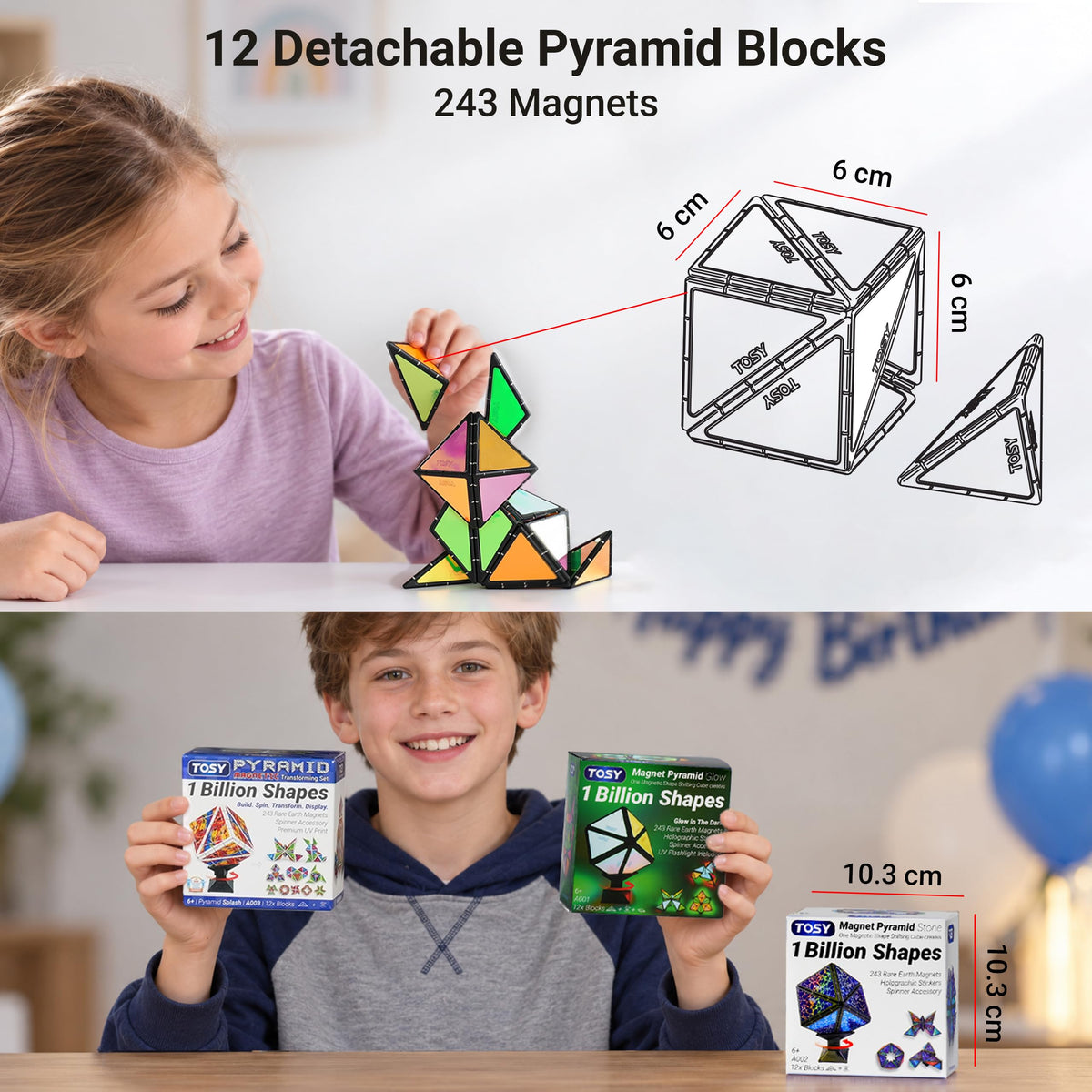 TOSY Magnet Pyramid Glow - 1 Cube Transforms into 1 Billion Shapes, 12 Pieces, 243 Rare Earth Magnets, Glowing, Christmas Stocking Stuffers Gift for Kids, Creative Puzzle STEM/STEAM Toy, 4-Pack 🍁 All In One Marketplace Canada