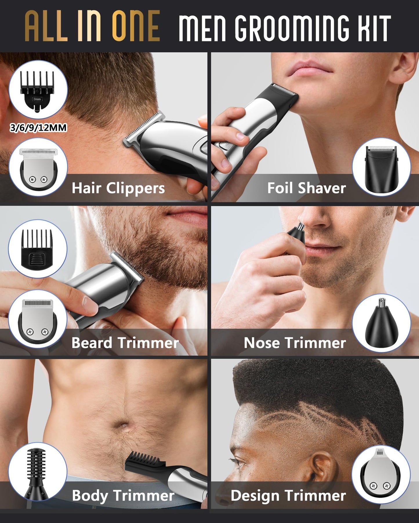 Ufree Beard Trimmer for Men, Waterproof Electric Razor Shaver for Nose, Body, Face and Mustache, Cordless Hair Clippers Men Grooming Kit, Gifts for Husband Father Silver - Available at All In One Marketplace Canada