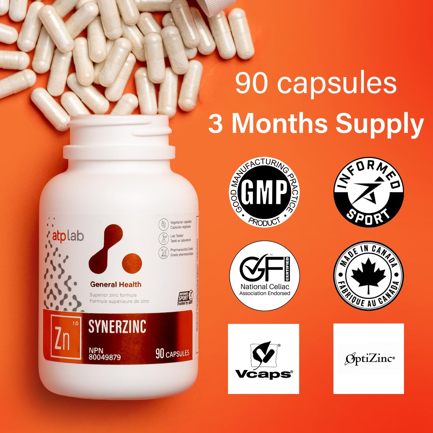 ATP LAB - Synerzinc, 90 Capsules 90-Day Supply - Zinc Supplement An Essential Mineral - Helps to Maintain Healthy Skin and Immune Function - Helps to Produce and Repair Connective Tissue - Available at All In One Marketplace Canada