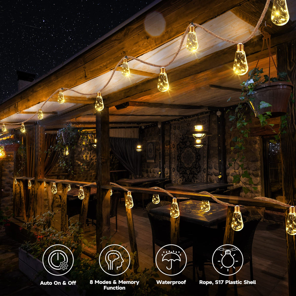 Solar Outdoor String Lights, 20Ft Vintage Rope Hemp Solar Patio Lights, Waterproof Warm White Solar Powered Christmas String Lights with 8 Modes 16 Shatterproof Bulbs for Garden Fence Stairs Balcony 🍁 All In One Marketplace Canada