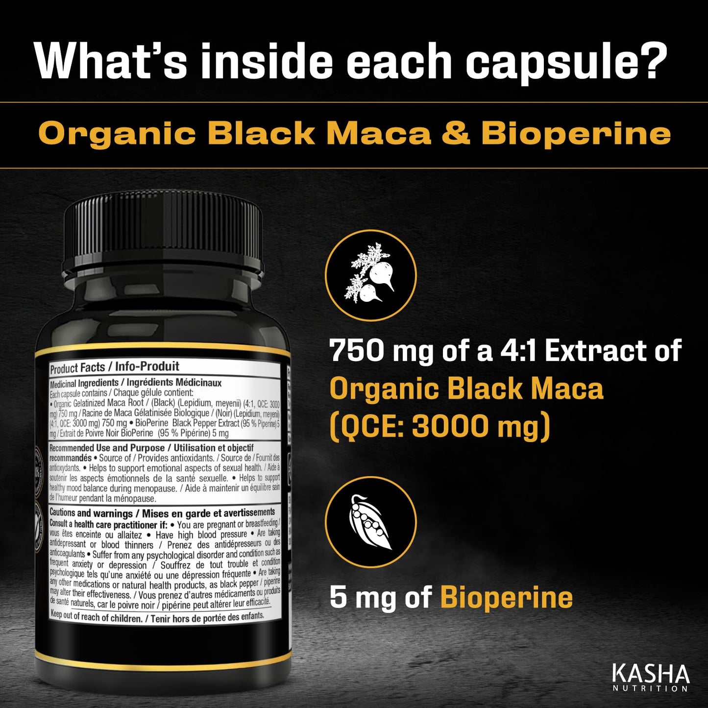 Organic Black Maca for Men & Women DHE 3000mg (Industry Strongest) with 5mg Bioperine per Capsule - Organic Gelatinized Maca for all Genders | 750 mg 4:1 Extract Maca Root / Maca Powder | Proudly Canadian | 4 Month Supply, Non-GMO, Vegan, Gluten Free, Soy - Available at All In One Marketplace Canada