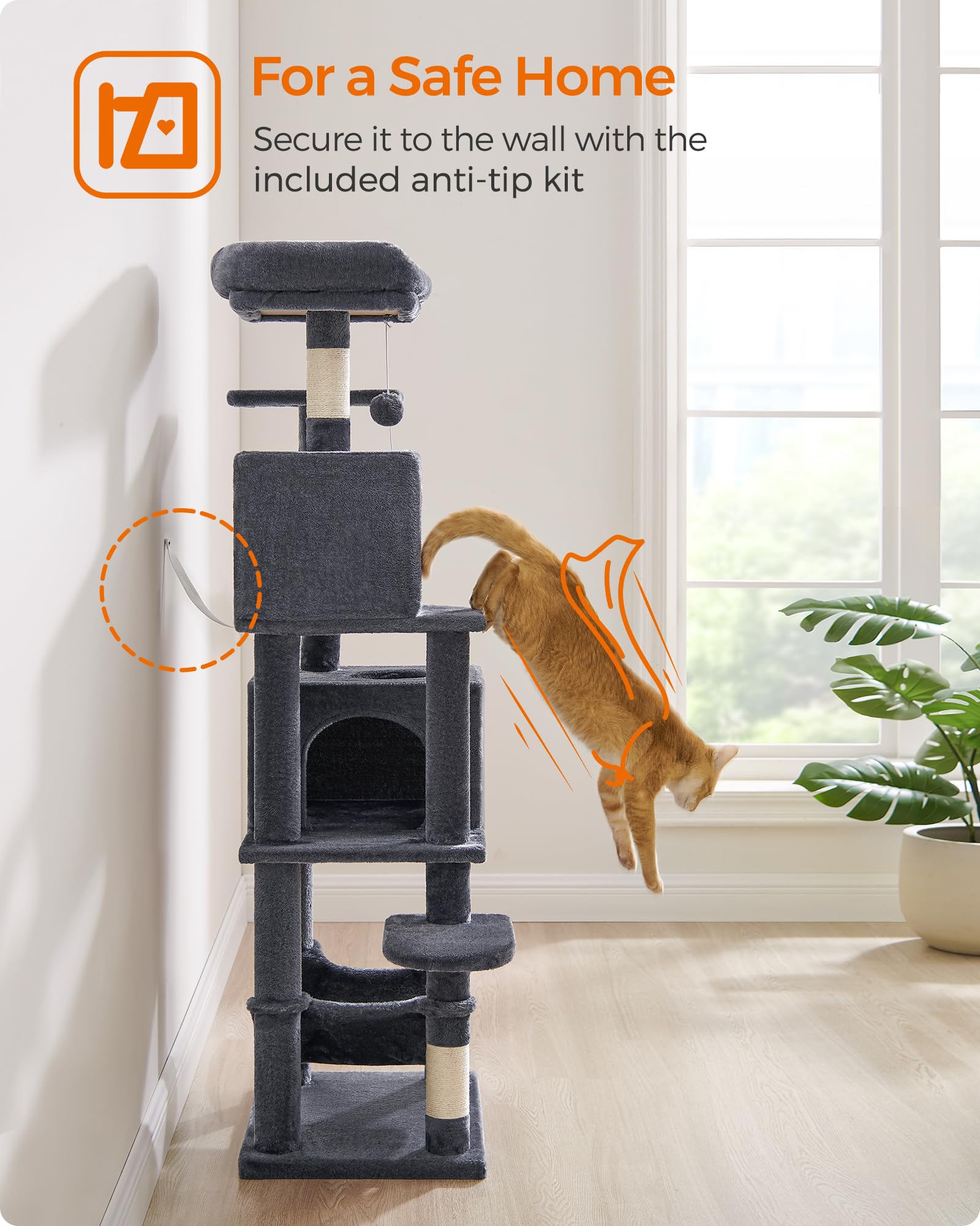 Feandrea Cat Tree Tower, 155 cm Multi-Level Cat Condo with 5 Scratching Posts, 2 Perches, 2 Caves, Hammock, 2 Pompoms, Smoky Gray UPCT192G01