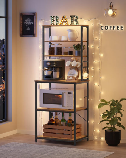 VASAGLE Coffee Bar, Baker’s Rack for Kitchen with Storage, 6-Tier Kitchen Shelves with 6 Hooks, Microwave Stand, Industrial, 15.7 x 23.6 x 65.7 Inches, Rustic Brown and Black UKKS024B01 🍁 All In One Marketplace Canada VASAGLE