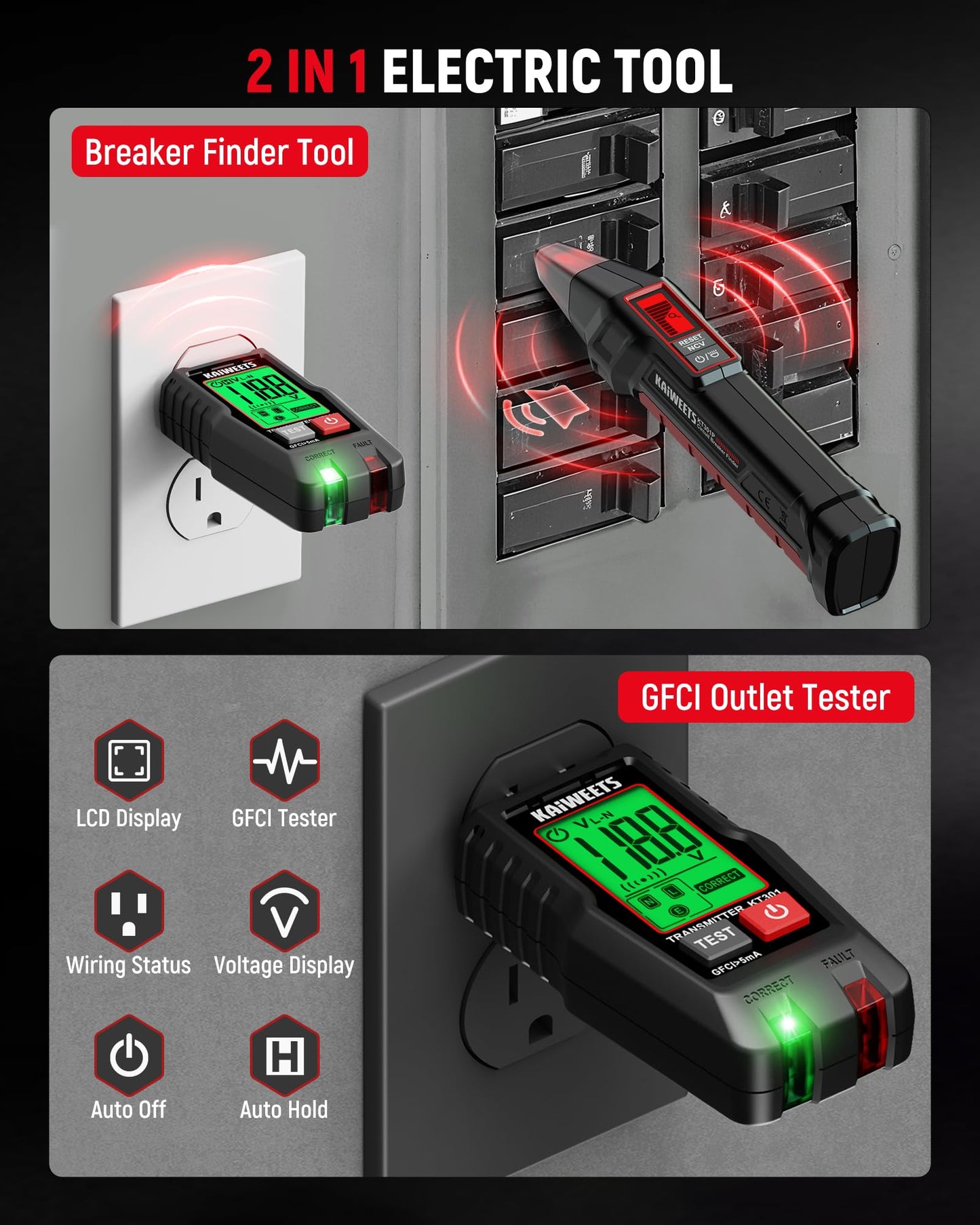 KAIWEETS Circuit Breaker Finder with LCD Display, GFCI Outlet Tester, Electrical Circuit Tracer Tool with NCV Test & Flashlight, Includes Carrying Case and Adapters- KT301P - Available at All In One Marketplace Canada