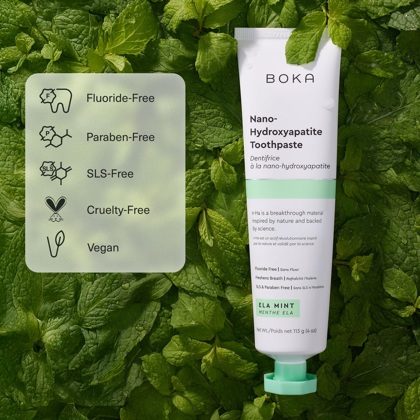 Boka Fluoride Free Toothpaste, Nano Hydroxyapatite Toothpaste, Appropriate for Sensitive Teeth - for Adult Oral Care - Ela Mint Flavor, 1.3 Fl Oz 2Pk US Manufactured