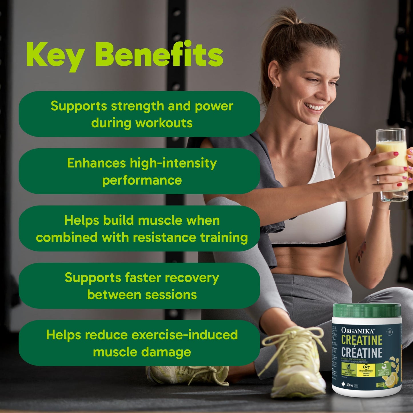 Organika Canadian-Made Creatine Powder- Lemonade- Pure Micronized Creatine Monohydrate - Helps Build Lean Muscle, Increase Strength, and Improved Recovery and Performance for Men and Women - 600g