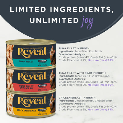 Reveal Natural Wet Cat Food in Broth, Limited Ingredient Grain Free Canned Cat Food, Protein with No Artificial Additives, Fish & Chicken Variety in Broth (12 x 2.47 oz Cans) Reveal