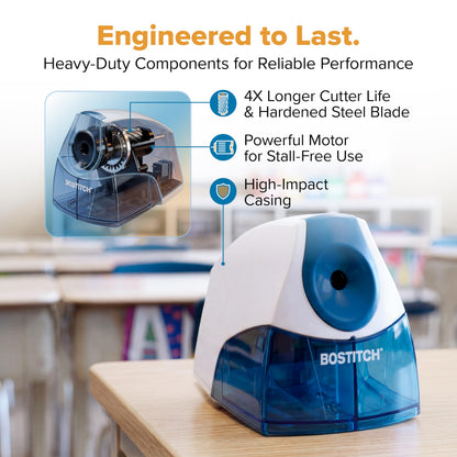 Bostitch Office Personal Electric Pencil Sharpener, Powerful Stall-Free Motor, High Capacity Shavings Tray, Blue