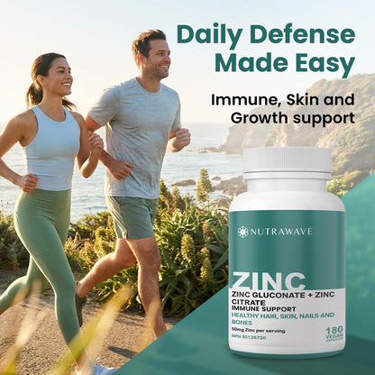 Nutrawave 2-IN-1 Zinc Supplements, High Absorption Formula 50 mg Zinc Gluconate + Zinc Citrate Chelated Stomach-Friendly Immune Booster, Healthy Skin, Hair, Nails & Bones, For Men & Women, Vegan, 6-Month Supply - Available at All In One Marketplace Canada