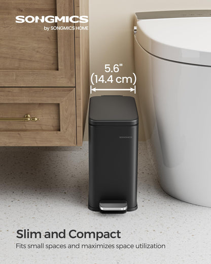 SONGMICS Bathroom Trash Can, Small Trash Bin with Lid, Slim for Small Spaces, Stainless Steel Garbage Can, Soft Close, 1.3 Gallon (5 L) Black ULTB560B05 SONGMICS