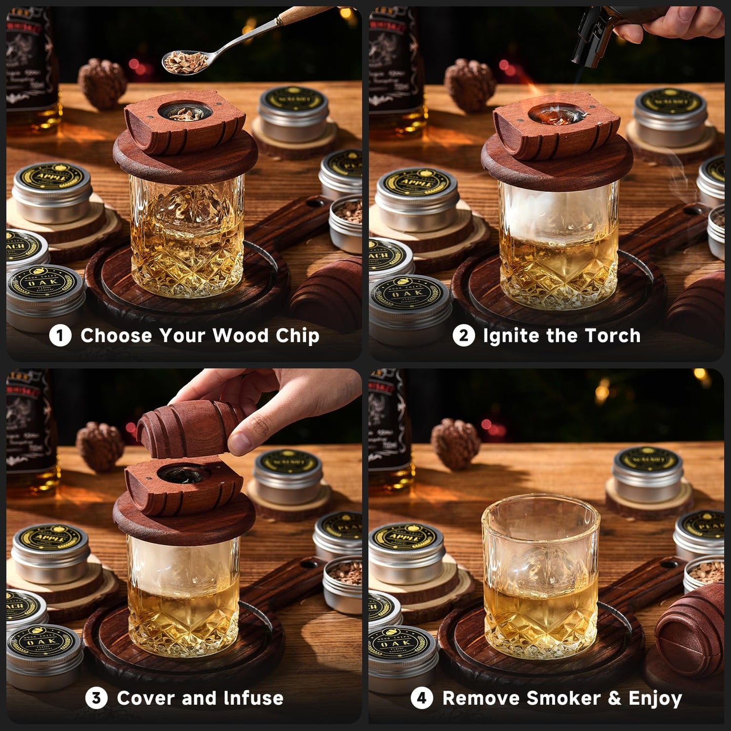 Whiskey Smoker Kit with Torch - 6 Flavors Wood Chips, 2 Glasses, 2 Ice Ball Molds - Cocktail Smoker Infuser Kit, Old Fashioned Drink Smoker Kit, Birthday Bourbon Whiskey Gifts for Men,Dad(NO Butane) - Available at All In One Marketplace Canada