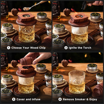 Whiskey Smoker Kit with Torch - 6 Flavors Wood Chips, 2 Glasses, 2 Ice Ball Molds - Cocktail Smoker Infuser Kit, Old Fashioned Drink Smoker Kit, Birthday Bourbon Whiskey Gifts for Men,Dad(NO Butane) - Available at All In One Marketplace Canada