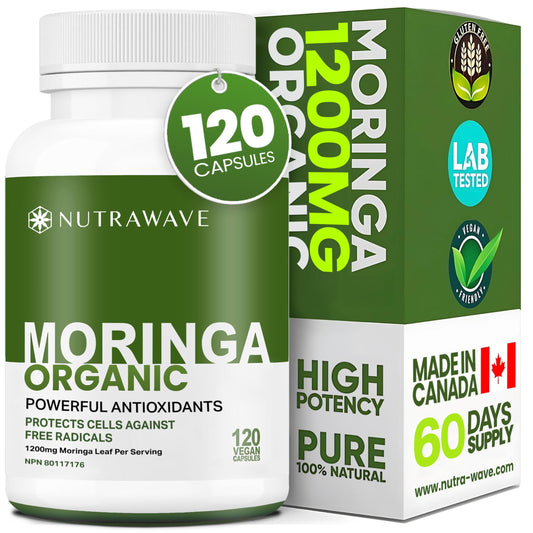 Nutrawave ORGANIC MORINGA LEAF Capsules 1200mg High Potency (2 x 600mg) – Gluten Free, Non-GMO, Vegan-Friendly Antioxidant Supplement -120 Capsules - Available at All In One Marketplace Canada