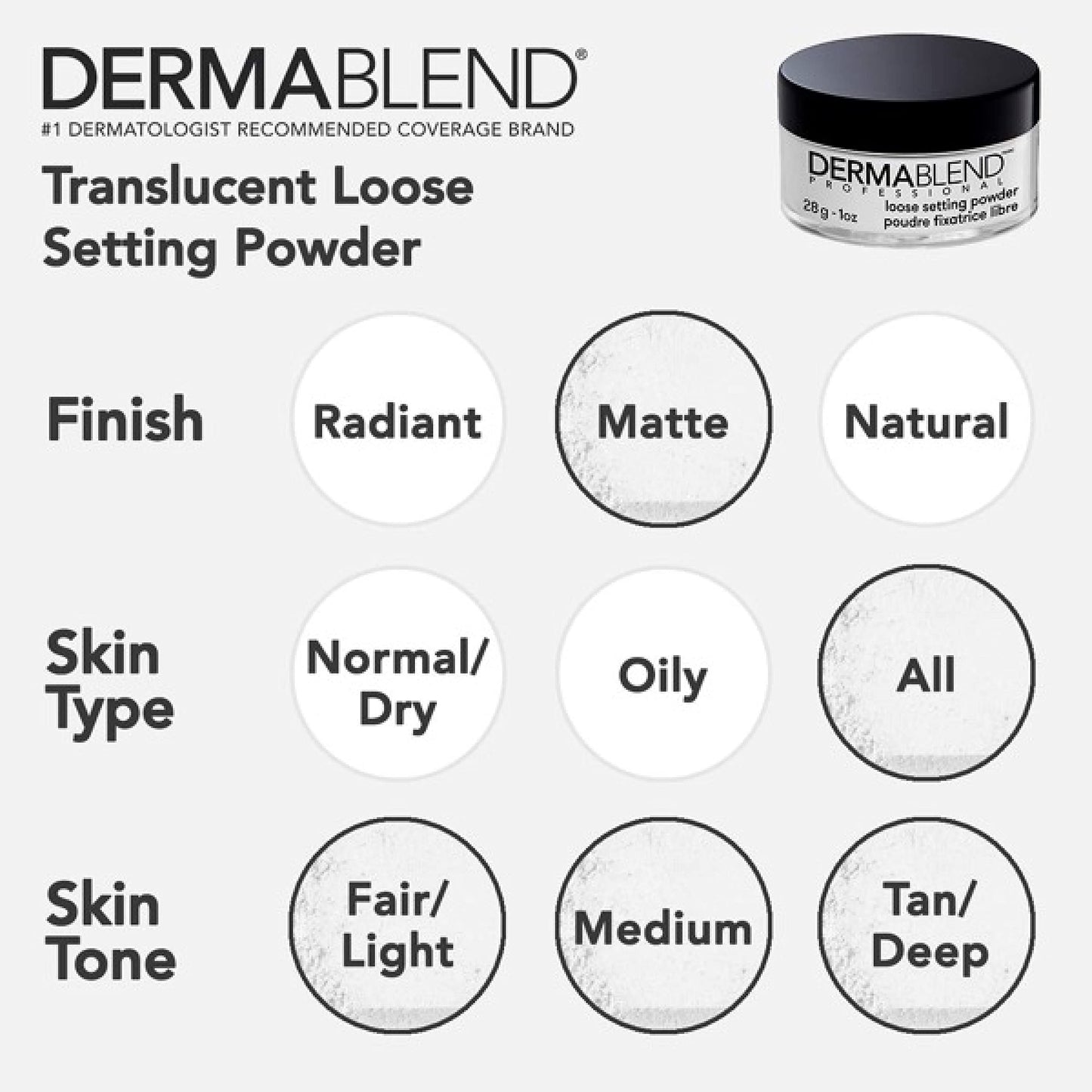 Dermablend Loose Setting Powder, Translucent Powder for Face Makeup, Mattifying Finish and Shine Control, 28g Dermablend