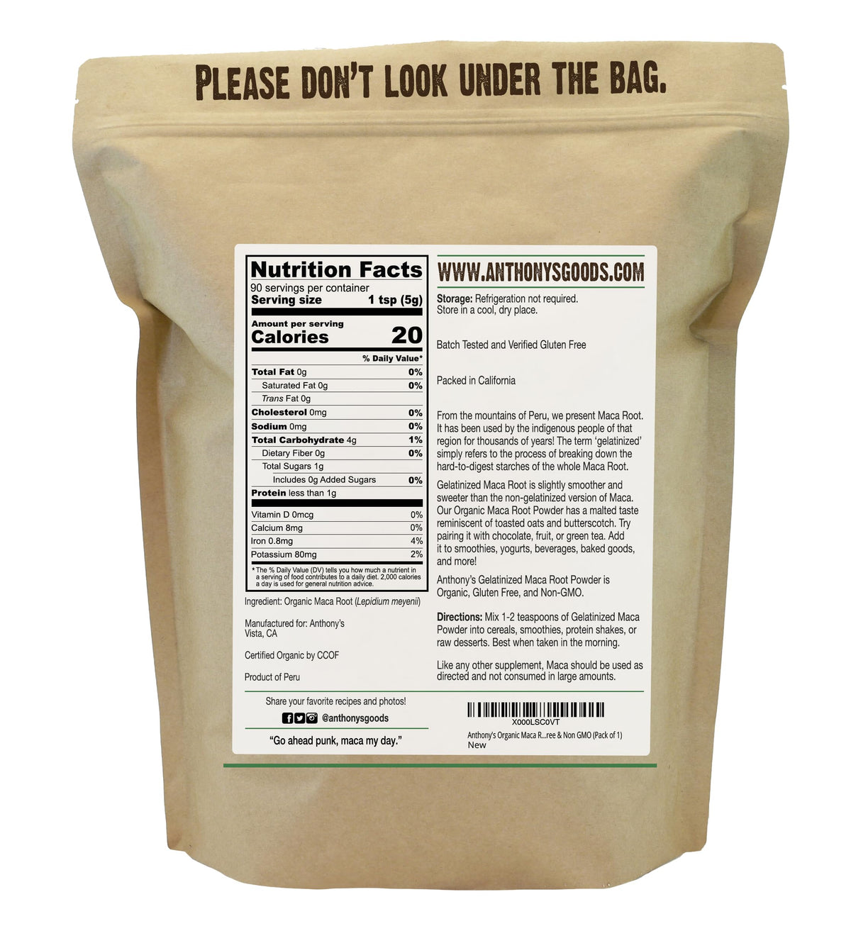 Anthony’s Goods Organic Gelatinized Maca Root Powder, 454g