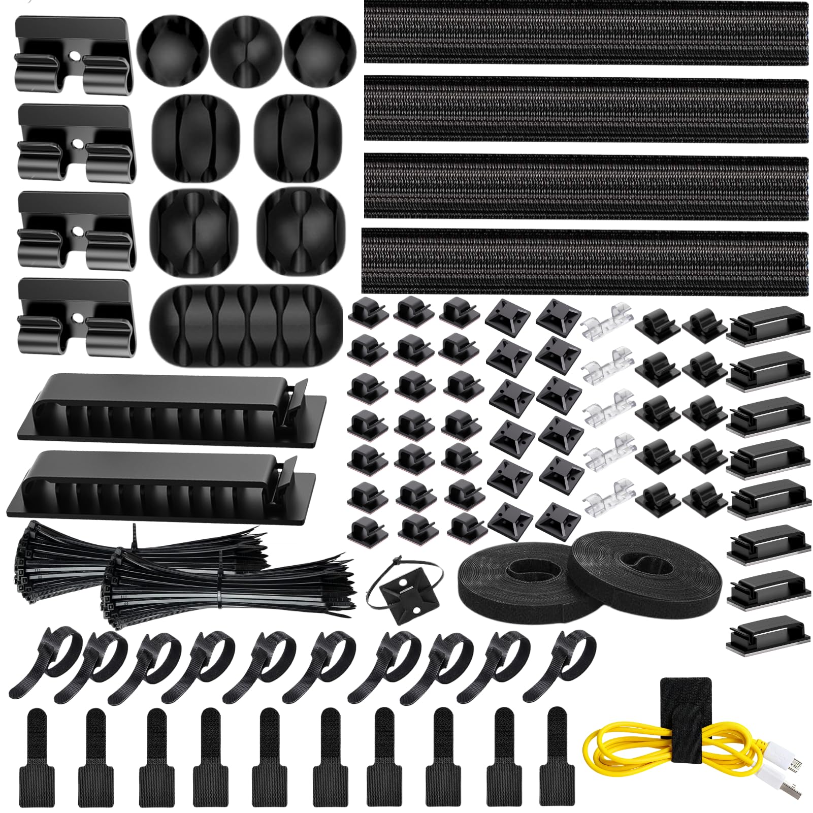[313Pcs] Cable Management Kit, 67 Adhesive Cable Clips, Topavatop Desk Cord Organizer, 22 Reusable Cable Strap, 4 Cable Sleeve Split, 200 Nylon Cable Zip Ties with 20 Mounts for TV Office Home, Black - Available at All In One Marketplace Canada
