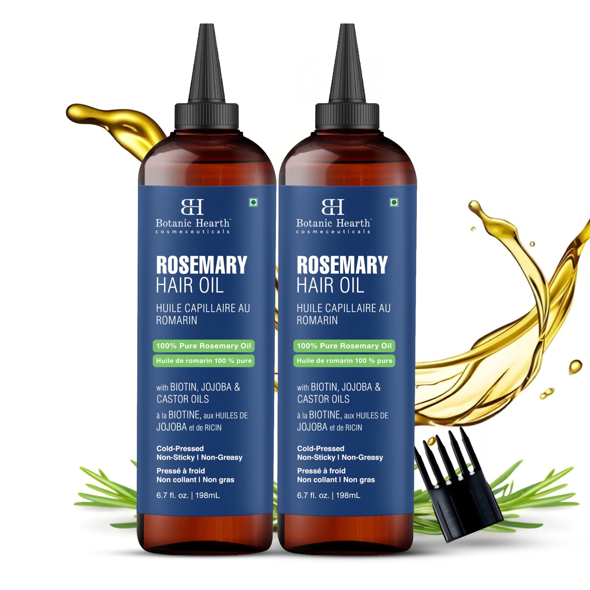 Botanic Hearth Rosemary Oil for Hair & Scalp with Biotin, Jojoba & Castor Oils, 100% Pure Hair Growth Oil, Strengthening Treatment, 6.7 fl oz (Pack of 2)