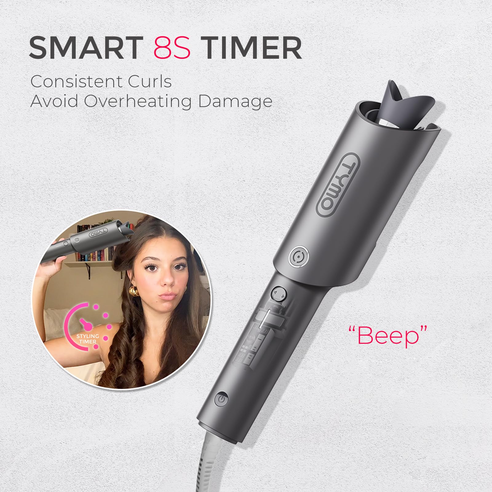 TYMO CURLPRO Automatic Rotating Curling Iron - Beach Waves Curling Wand, Portable Hair Curler, 500 Million Ionic, Dual Voltage & Lightweight for Travel, Ceramic Coating, Metallic Gray 1 inch