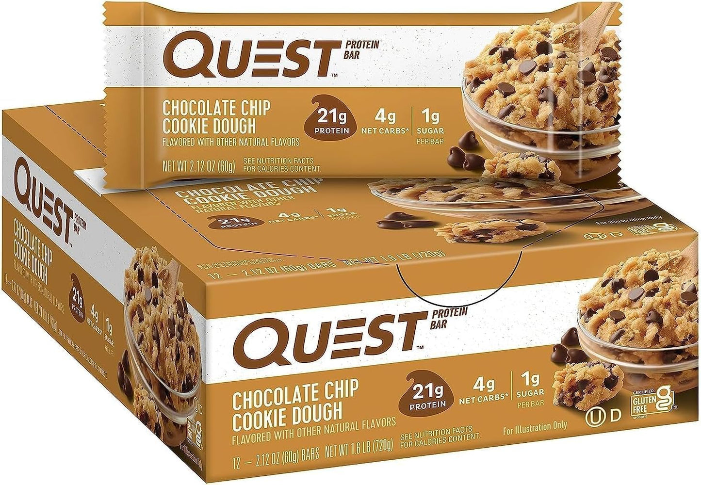 Quest Chocolate Chip Cookie Dough Protein Bar – 21g Protein, 1g Sugar, High Fibre, Keto Friendly – 12 Count