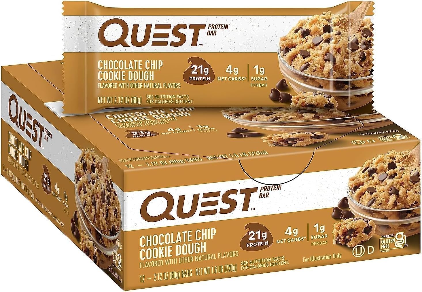 Quest Chocolate Chip Cookie Dough Protein Bar – 21g Protein, 1g Sugar, High Fibre, Keto Friendly – 12 Count
