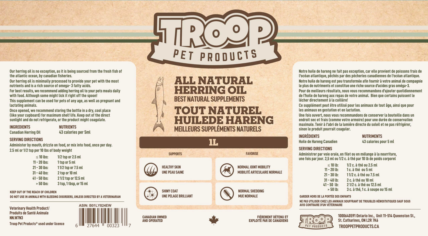 Troop Pet Products, Canadian Herring Oil, Natural Omega 3 Supplement for Improved Stamina, Immune System, Decreased Shedding, (1000ml) Troop Pet Products