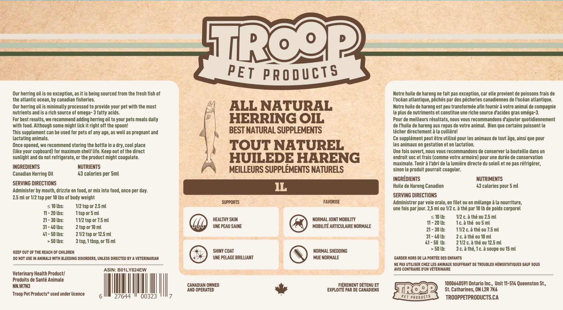 Troop Pet Products, Canadian Herring Oil, Natural Omega 3 Supplement for Improved Stamina, Immune System, Decreased Shedding, (1000ml) Troop Pet Products