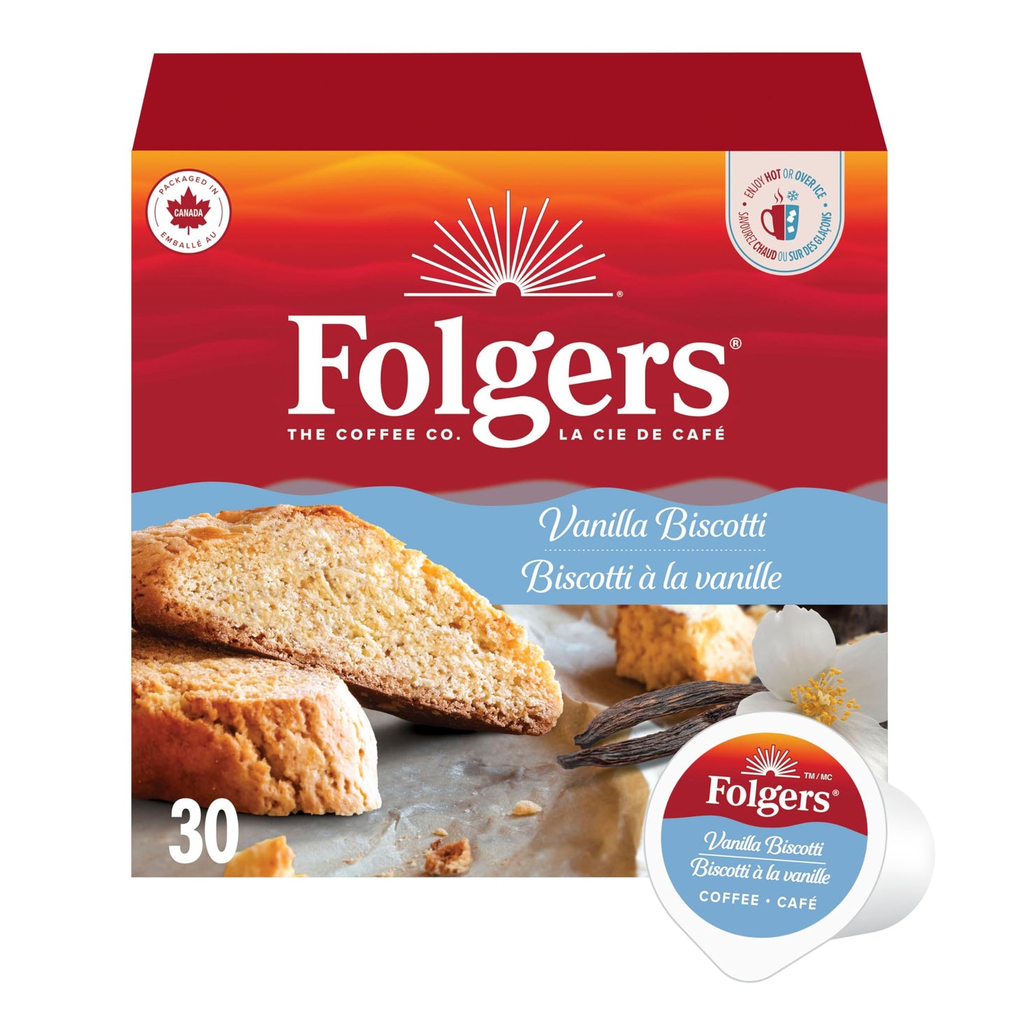 Folgers Vanilla Biscotti Flavoured Light Roast Coffee Pods, Single Serve One Cup Pods made with Arabica Beans for Hot or Iced Drinks, 30 Count (Pack of 1)