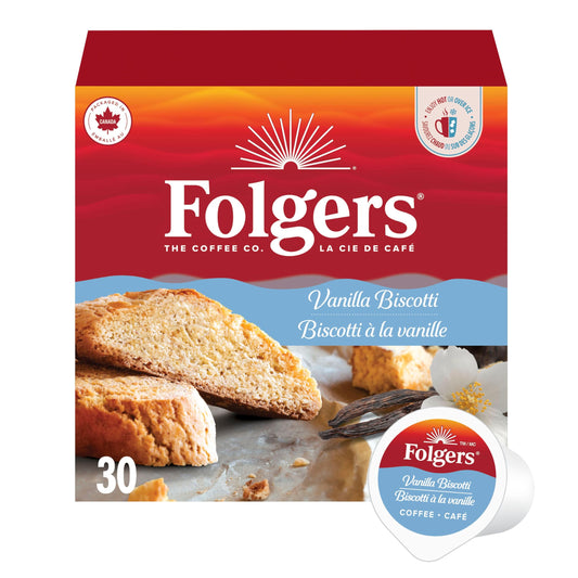 Folgers Vanilla Biscotti Flavoured Light Roast Coffee Pods, Single Serve One Cup Pods made with Arabica Beans for Hot or Iced Drinks, 30 Count (Pack of 1)