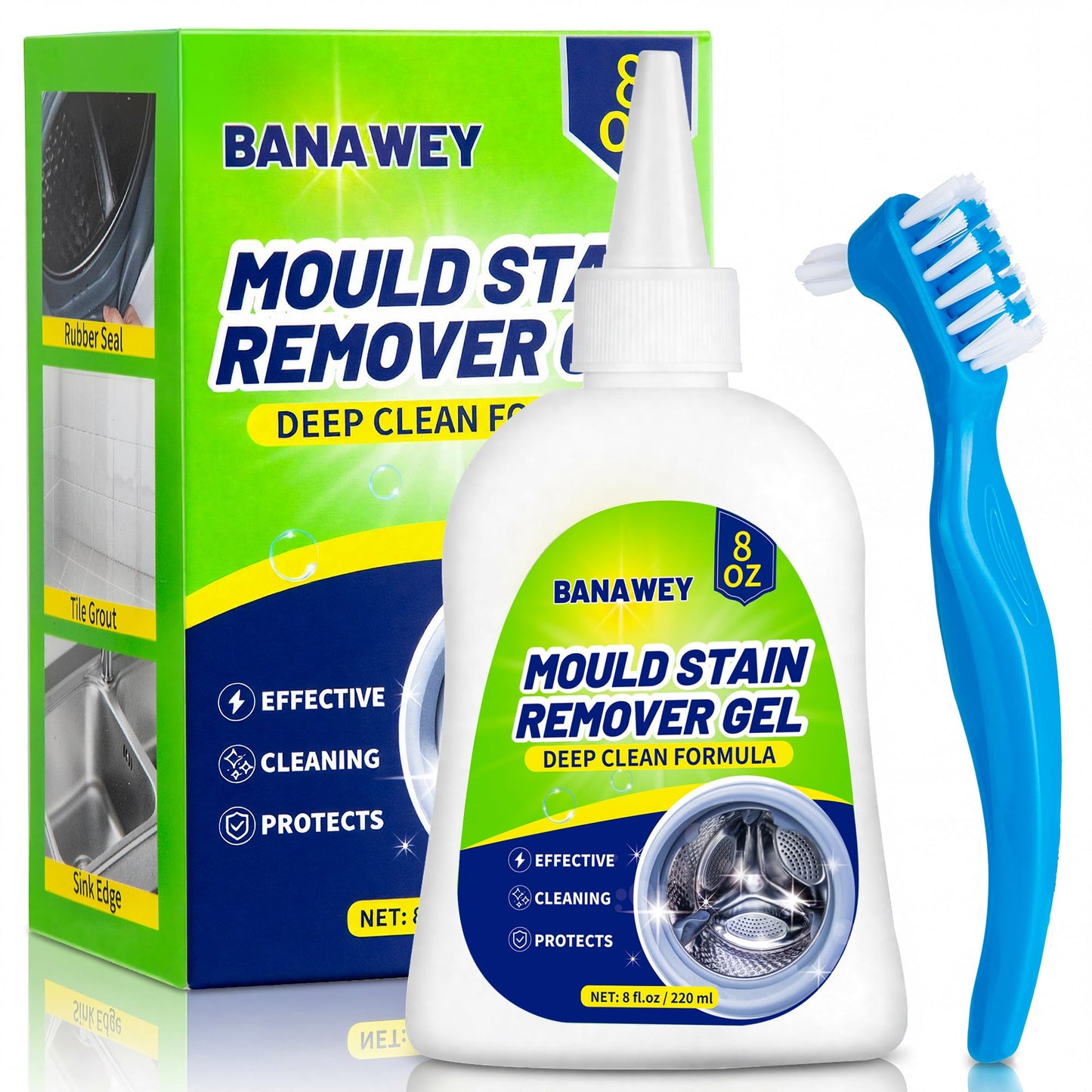 Mould Remover Gel - Household Washing Machine Cleaner, Tile Grout Cleaner with Brush, Mildew Stain Remover for Washer Rubber, Shower, Bathroom, Bathtub Caulk, Kitchen Sink, Fridge Seal, Wall - 8 Fl Oz - Available at All In One Marketplace Canada