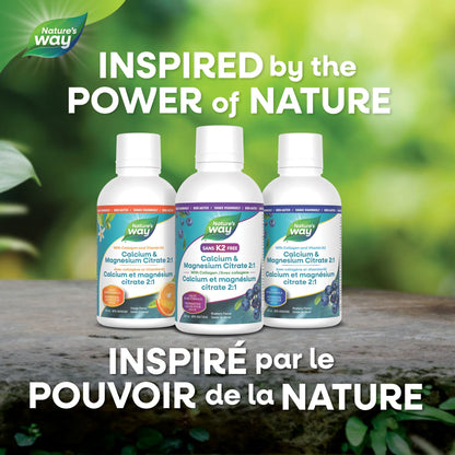 Nature's Way Calcium and Magnesium Citrate 2:1 - Liquid Supplement with Vitamin D3 and Collagen – Helps Support the Maintenance of Bones and Teeth – No Vitamin K2 - Blueberry Flavour, 500 mL