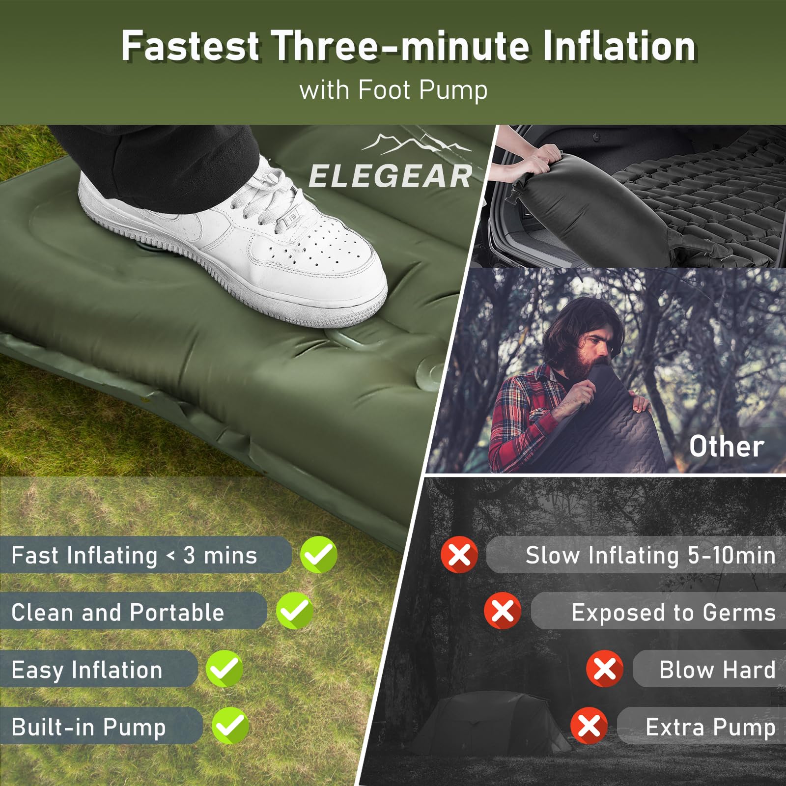 Double Camping Sleeping Pad 5.5", Elegear CumbreX™Self Inflating Air Sleeping Mats with Pillow Built-in Foot Pump, Inflatable Camping Mattress Compact for Tent,Cot Backpacking,Hiking,Camp,Travel,Green