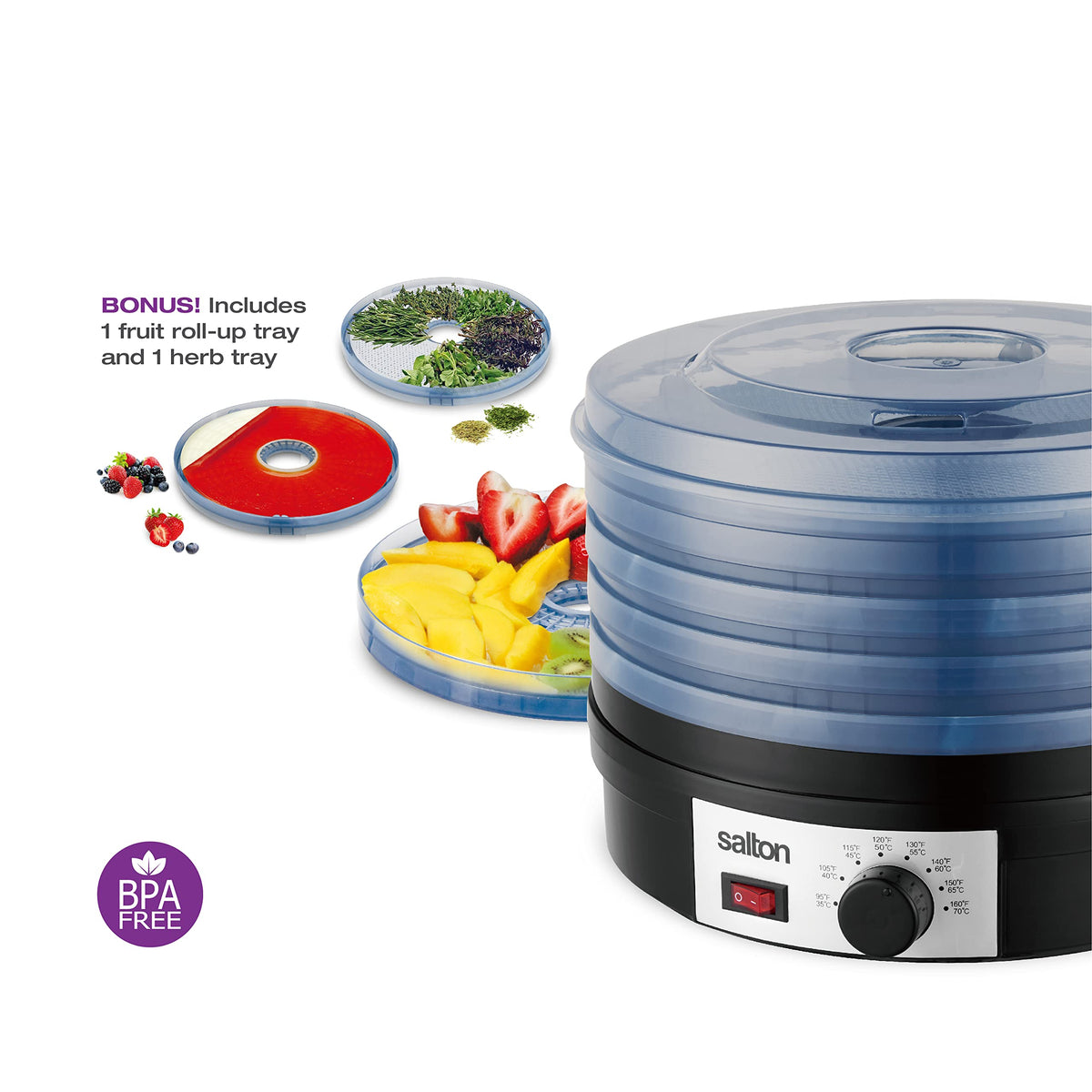 Salton Electric Food Dehydrator for Fruit and Jerky With Adjustable Temperature Control, Black