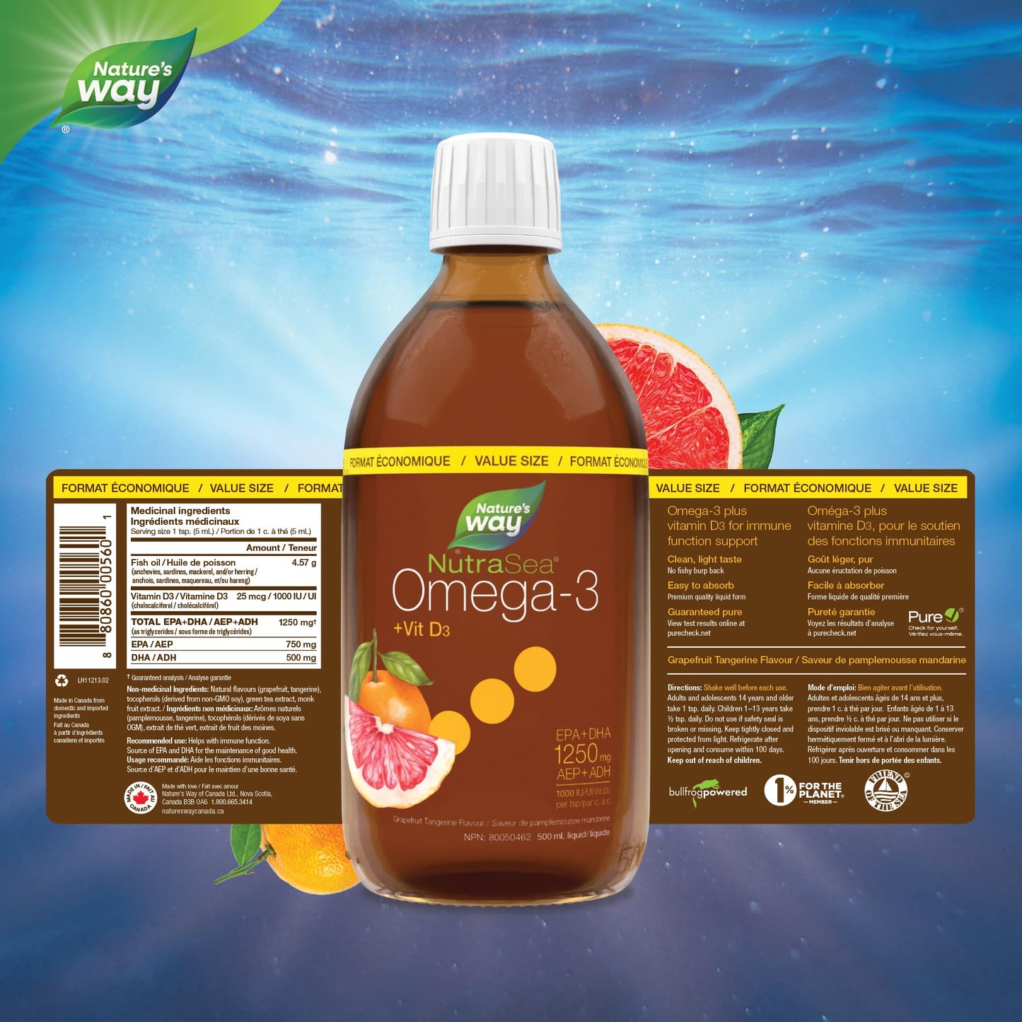Nature's Way NutraSea Omega 3 + Vitamin D Fish Oil Liquid Supplement – Grapefruit Tangerine Flavour – Heart, Brain, Bone & Immune Support – EPA & DHA + 1000IU D3, 500 mL - Available at All In One Marketplace Canada