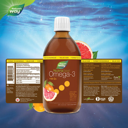 Nature's Way NutraSea Omega 3 + Vitamin D Fish Oil Liquid Supplement – Grapefruit Tangerine Flavour – Heart, Brain, Bone & Immune Support – EPA & DHA + 1000IU D3, 500 mL - Available at All In One Marketplace Canada