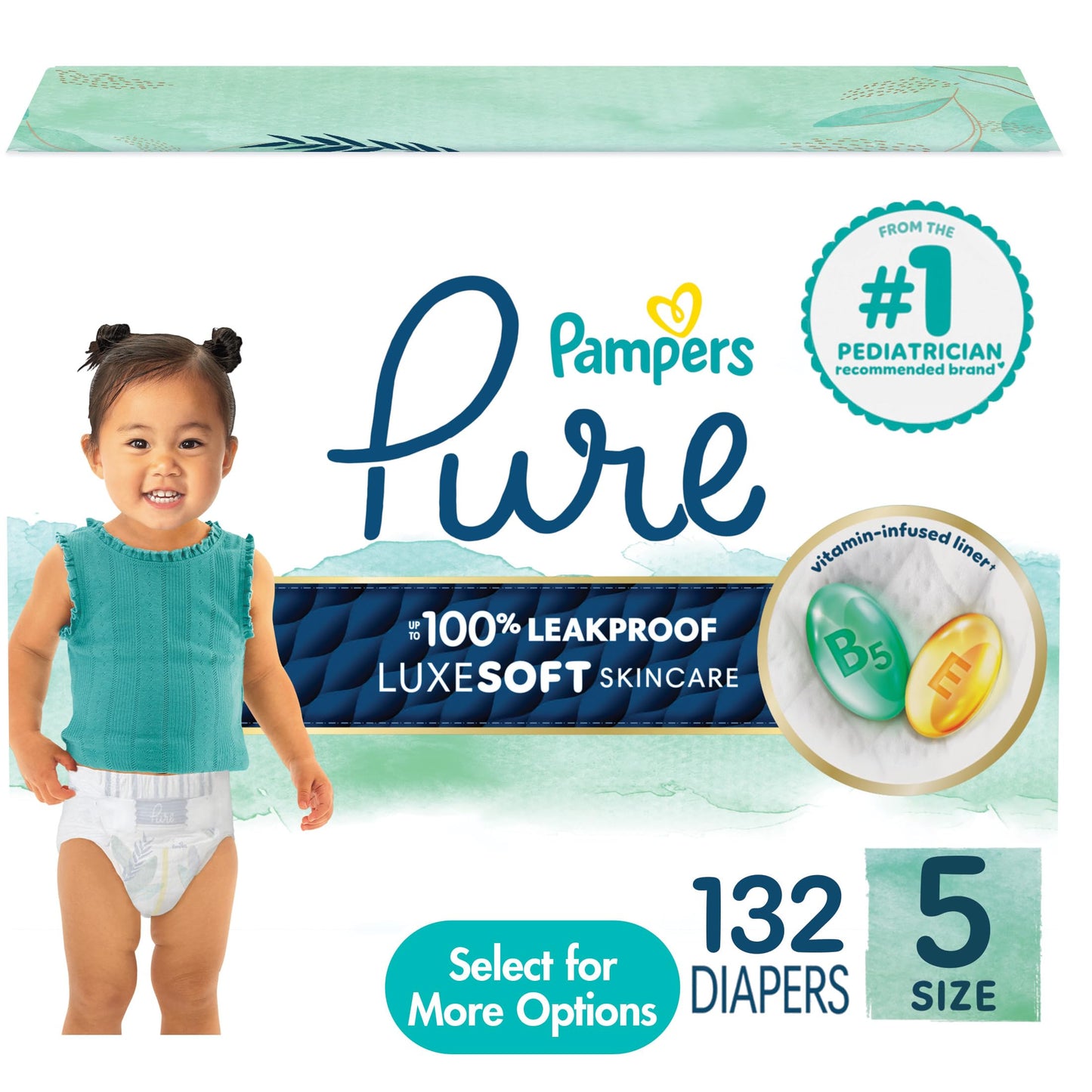 Pampers Pure Baby Diapers, Size 5 (27+ lbs), 132, Up to 100% Leakproof, Premium Hypoallergenic Soft Diapers