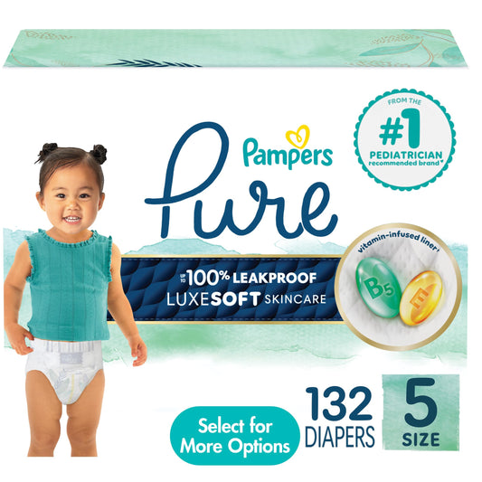 Pampers Pure Baby Diapers, Size 5 (27+ lbs), 132, Up to 100% Leakproof, Premium Hypoallergenic Soft Diapers