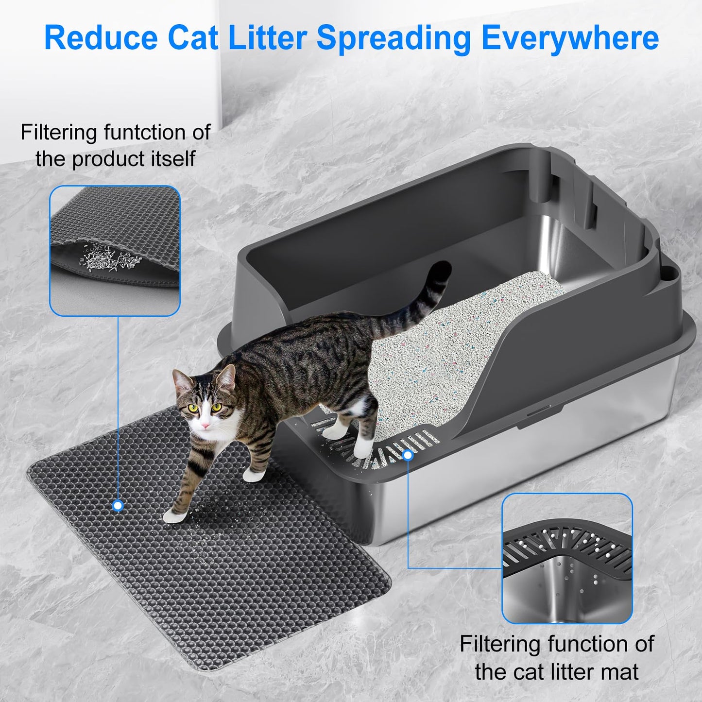 Stainless Steel Cat Litter Box with Lid, XL Litter Box for Big Cats, High Sided Metal Pan, Anti Leakage,Odor-Free & Easy Cleaning,Included Scoop &Trash Bag*2 & Mat & Sticker (Grey)