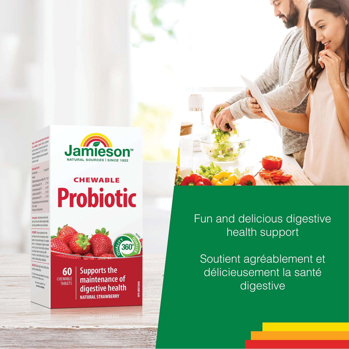 Jamieson Chewable Probiotic 2 Billion Active Cells Natural Strawberry Flavour, Family Friendly (3+), Supports Digestive Health. 5 Unique Strains, Including Lactobacillus and Bifidobacterium, Non-GMO, No Artificial Colours, Flavours, or Preservatives, 60 C - Available at All In One Marketplace Canada